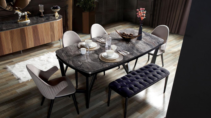 Stylish dining room set consists of dining table, 4x chairs, and bench 6-piece set.