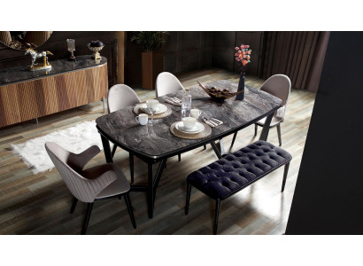 Stylish dining room set consists of dining table, 4x chairs, and bench 6-piece set.