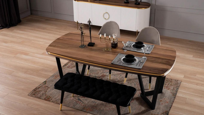 Dining room set consists of dining table + 4 chairs and bench, 6 pieces in brown color.