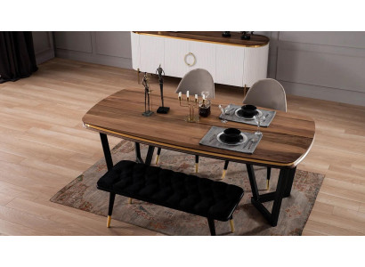 Dining room set consists of dining table + 4 chairs and bench, 6 pieces in brown color.