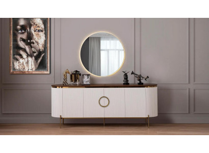 Dining room set consisting of a sideboard and mirror, beige with gold elements