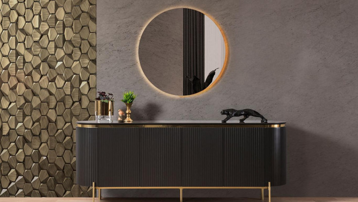 Dining Room Set Modern Consists of Black Sideboard and Mirror 2-piece.