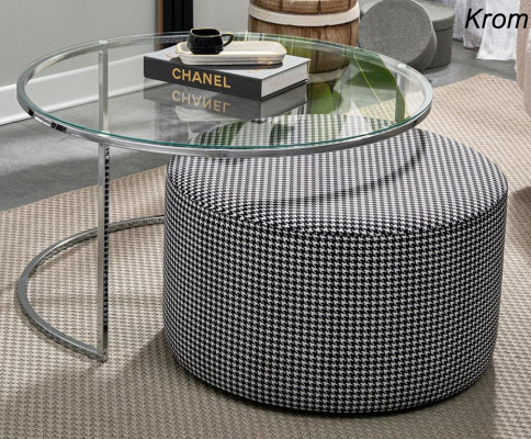 Living room set: coffee table glass and metal + upholstered stool