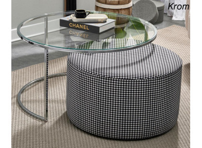 Living room set: coffee table glass and metal + upholstered stool
