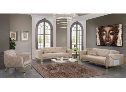 Complete beige seating set for living room: sofas, luxury armchair, coffee table
