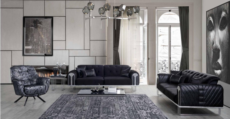 Black living room sofa set 2x three-seater designer upholstered armchair