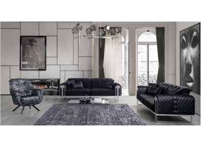 Black living room sofa set 2x three-seater designer upholstered armchair