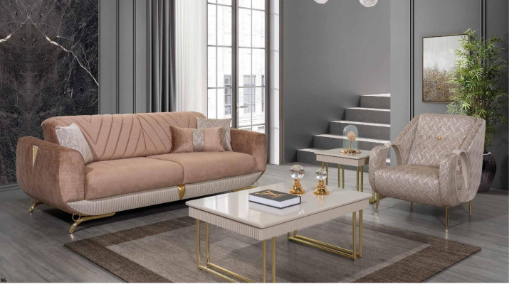 Beige living room set luxury 3-seater upholstered armchair side table