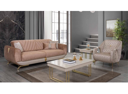 Beige living room set luxury 3-seater upholstered armchair side table