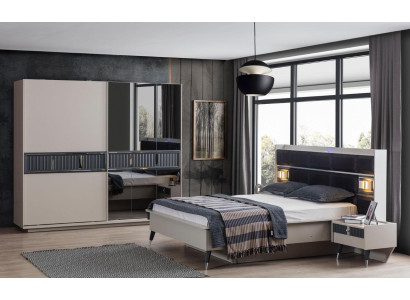 Gray bedroom furniture designer bed 2x nightstands wood wardrobe 4-piece set