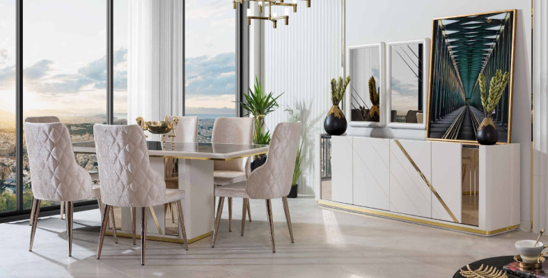 Beige stainless steel dining room set designer dining table x6 chairs sideboard