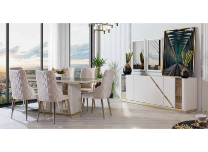Beige stainless steel dining room set designer dining table x6 chairs sideboard