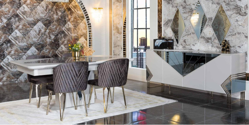 Luxurious dining room set designer dining table x4 chairs dresser mirror