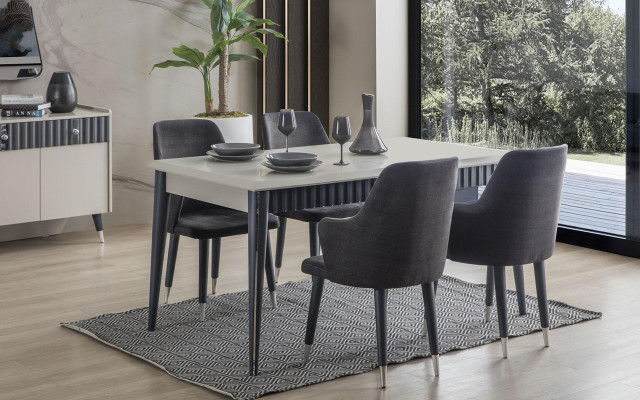 Designer Rectangular White Dining Table with 6 Grey Upholstered Chairs 7-piece Set
