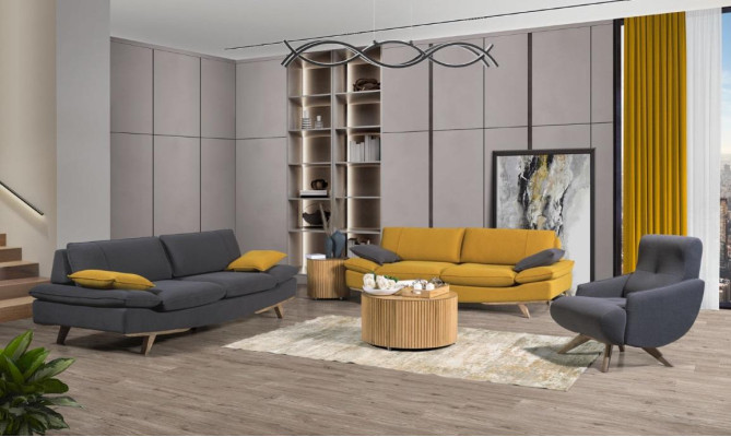 Gray-yellow living room seating furniture luxury 2x 3-seater couches single-seater 3-piece set