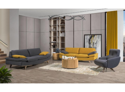 Gray-yellow living room seating furniture luxury 2x 3-seater couches single-seater 3-piece set