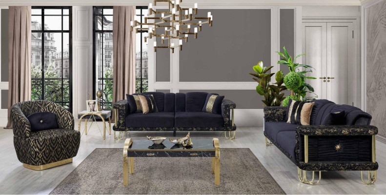 Exclusive living room upholstered sofa set x2 fabric sofas 1-seater 3-piece set