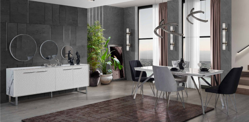 Gray-White Dining Room Furniture Sideboard Dining Table Luxurious Upholstered Chairs