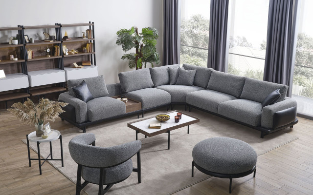 Gray living room set luxury sectional sofa L-shaped couch coffee table ottoman