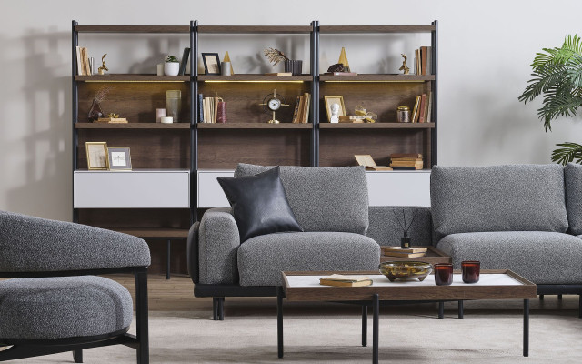 Gray living room set luxury sectional sofa L-shaped couch coffee table ottoman