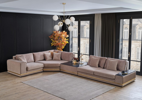 Beige L-shaped sofa stylish living landscape designer couch upholstered furniture