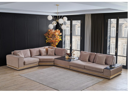 Beige L-shaped sofa stylish living landscape designer couch upholstered furniture