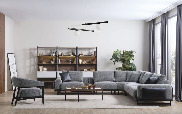 Gray Upholstered Corner Sofa Designer Textile Armchair Living Room Luxury Suite