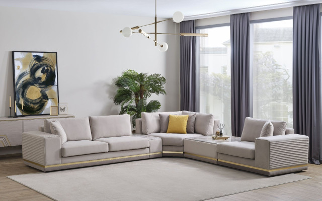 Living room light beige sectional sofa L-shape couch modern textile sofa furniture