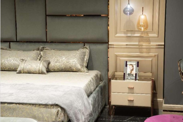 Group bedroom furniture double bed bed beige modern set 5-piece wood