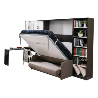 Wardrobe bed with sofa cushions, wall cabinets, folding sleep bed furniture + new couch