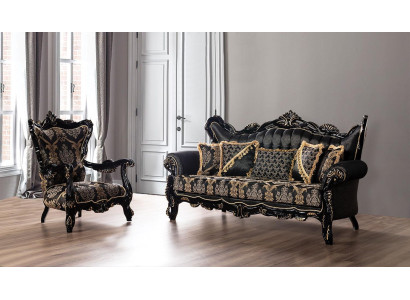 2-piece sofa set for the living room 3+1 seats black sofa and armchair with gold pattern