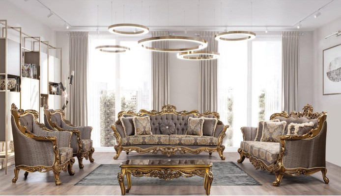 Classic Chesterfield Couch Three-Seater Golden Frame Sofa Couches