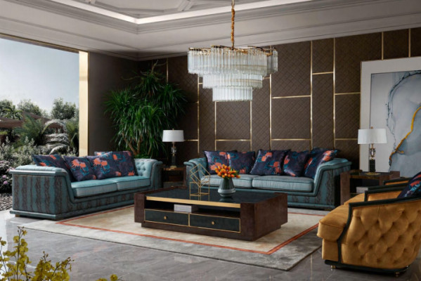 Three-seater couch upholstered design sofa modern 3-seater sofas room furniture blue seat