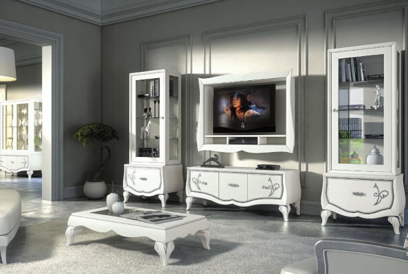 TV furniture set, 4-piece. Living room wall, TV lowboard, display cabinet, sideboard, cabinet design, new.