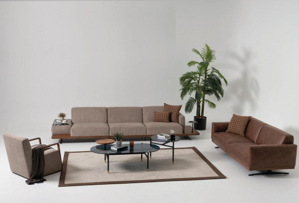 Modern leather sofa, 3-seater, design couch living area, brown.