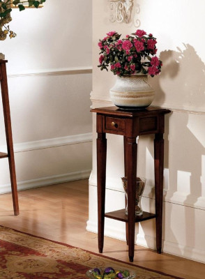 Wooden plant stand in brown with drawer and shelf