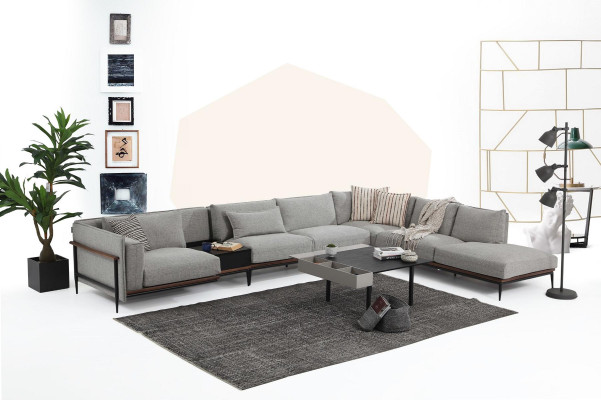 Sectional Sofa L-Shape Sofa Grey Modern Fabric Design Living Room Polyester XXL