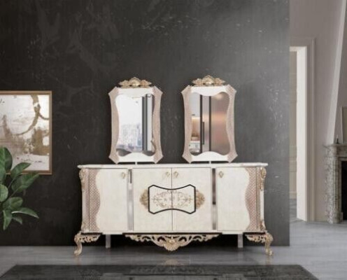 Luxury dining room set 9 pcs. Dining table + 6x chairs + sideboard with mirror white new
