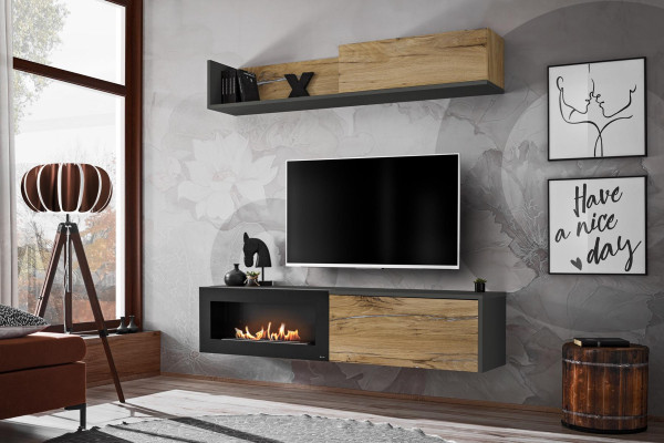 Living room TV furniture wall unit shelf TV stand with fireplace modern wood brown