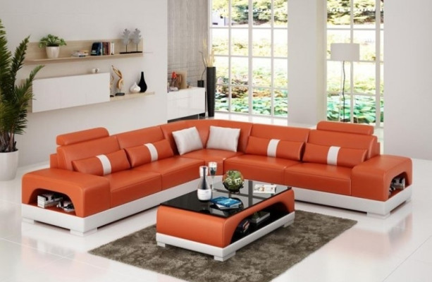 Corner sofa with USB, couch sofa living landscape seat corner set leather textile sand color