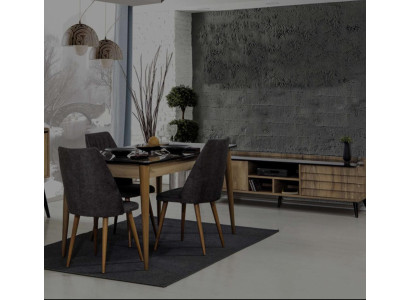 Dining room set designer brown dining table with 4 black upholstered chairs