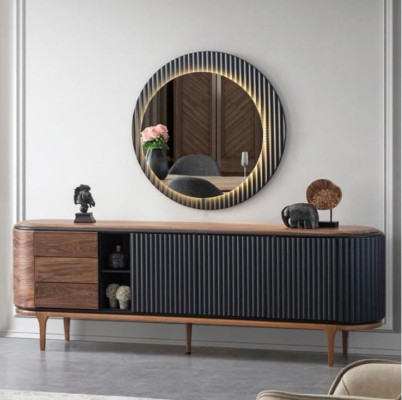 Stylish Ensemble Designer Brown Sideboard Round Mirror 2-Piece Wood Set