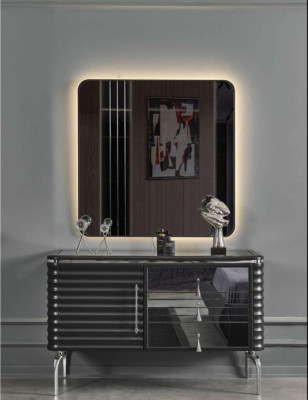 Black bedroom set designer dresser with LED mirror fixture
