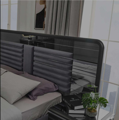 Upholstered bed wooden nightstands wardrobe designer bedroom set
