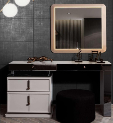 White vanity table designer rectangular mirror upholstered stool 3-piece set