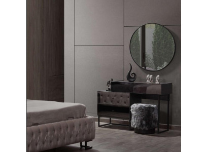 Designer gray dressing table, round mirror, upholstered stool, luxury 3-piece set