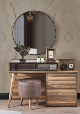 Brown wooden dressing table with round mirror, designer bedroom 2-piece set console.
