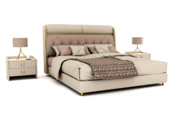 Stylish beige bedroom bed double bed textile beds LED bed