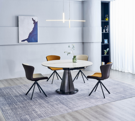 Modern dining set designer round table stylish 4x faux leather chairs 5-piece set
