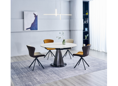 Modern dining set designer round table stylish 4x faux leather chairs 5-piece set